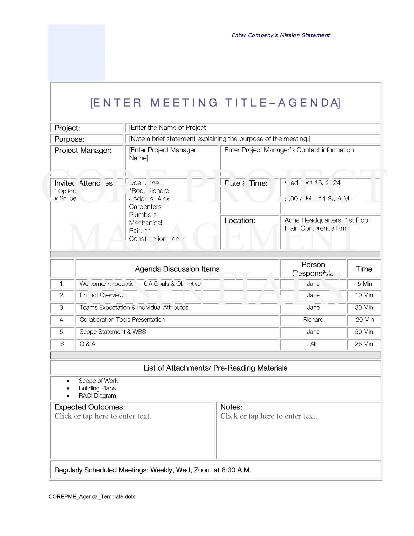 Agenda Template – Word Document with Built-in Macros