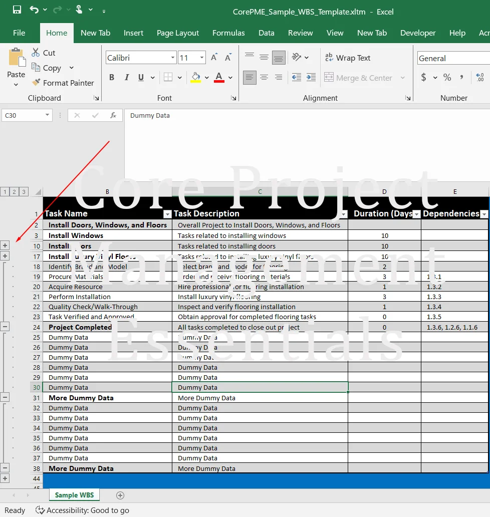 WBS Template – Excel Document with Built-in Macros
